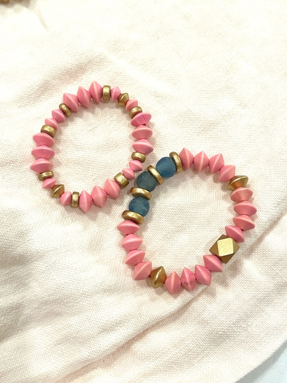 Pink Beaded Stackable Bracelet Set with Gold Accents